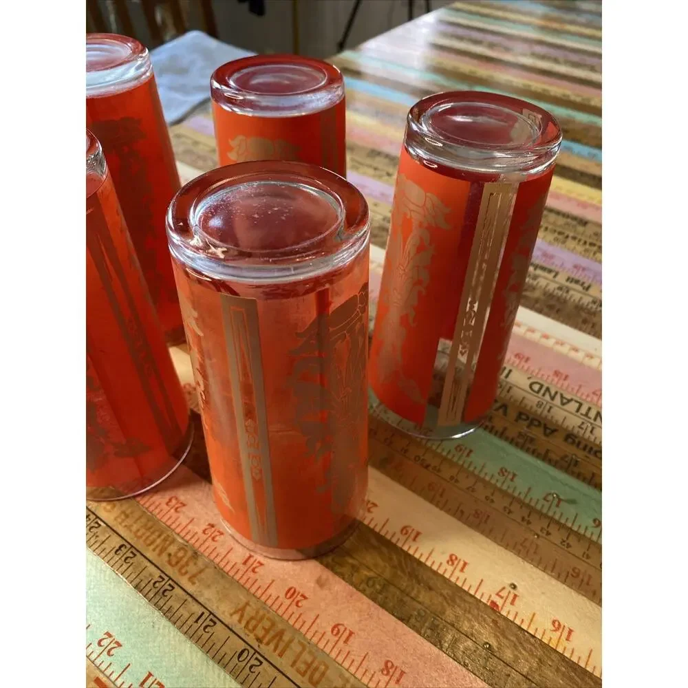 Thai Goddess High Ball Glass Mid Century Modern Retro Bar Set of 5 Asian MCM Red